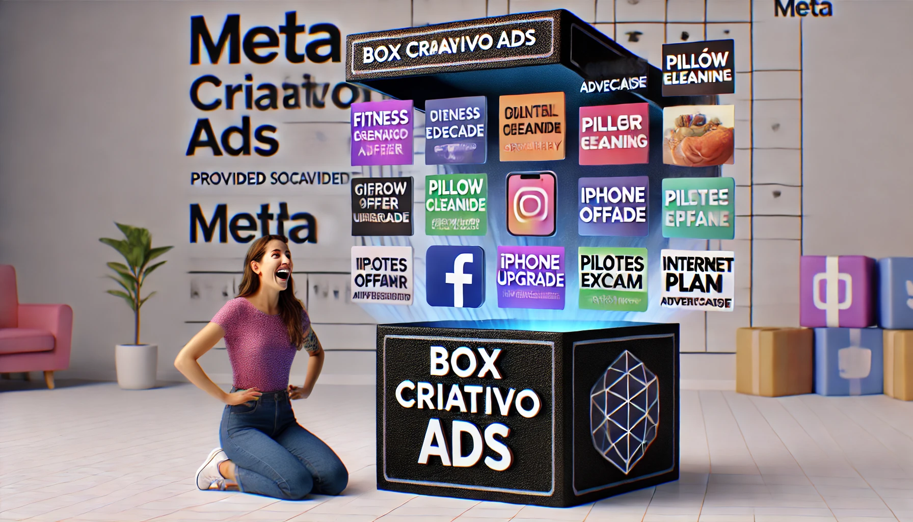 DALL·E 2024-07-10 21.13.02 - A 3D black box with 'Box Criativo Ads' written on it. Various provided social media post images emerge from the box_ fitness advertisement, dental adv